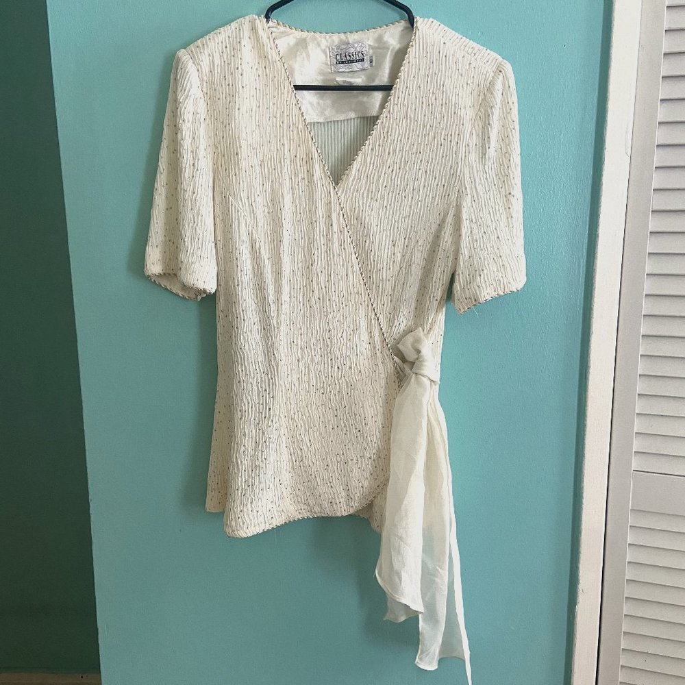 1970s Vintage Cream and Gold Tie Waist Disco Blouse